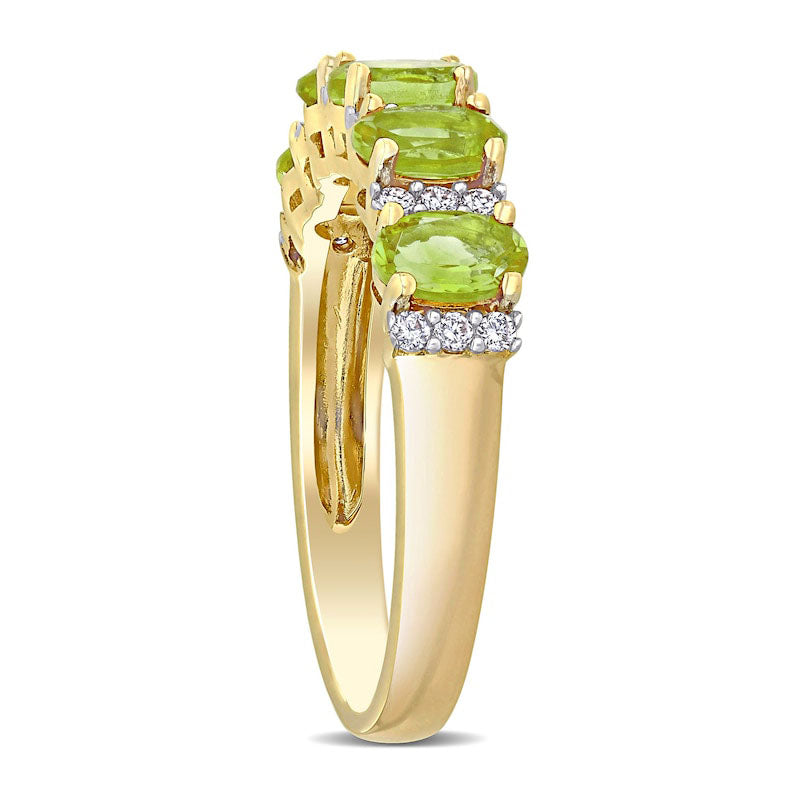 Oval Peridot and 0.17 CT. T.W. Natural Diamond Five Stone Ring in Solid 14K Gold