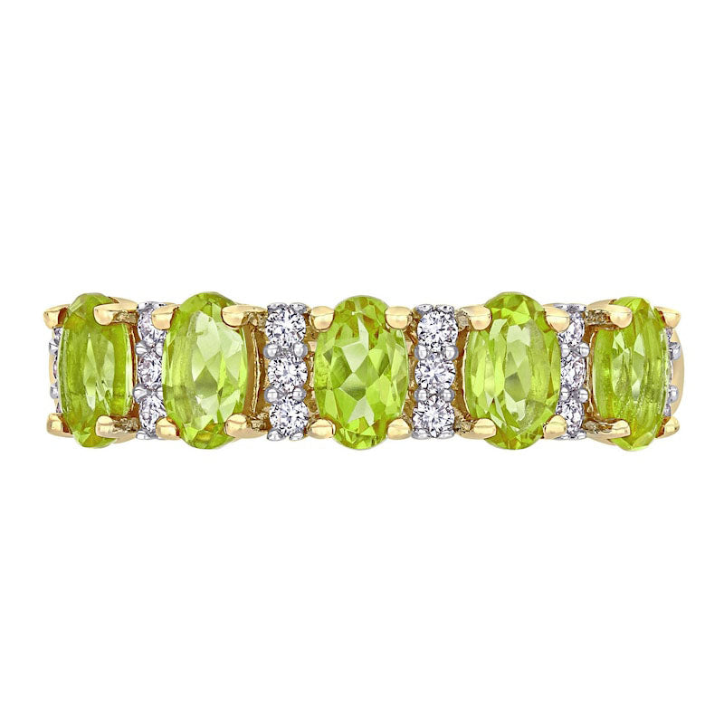 Oval Peridot and 0.17 CT. T.W. Natural Diamond Five Stone Ring in Solid 14K Gold