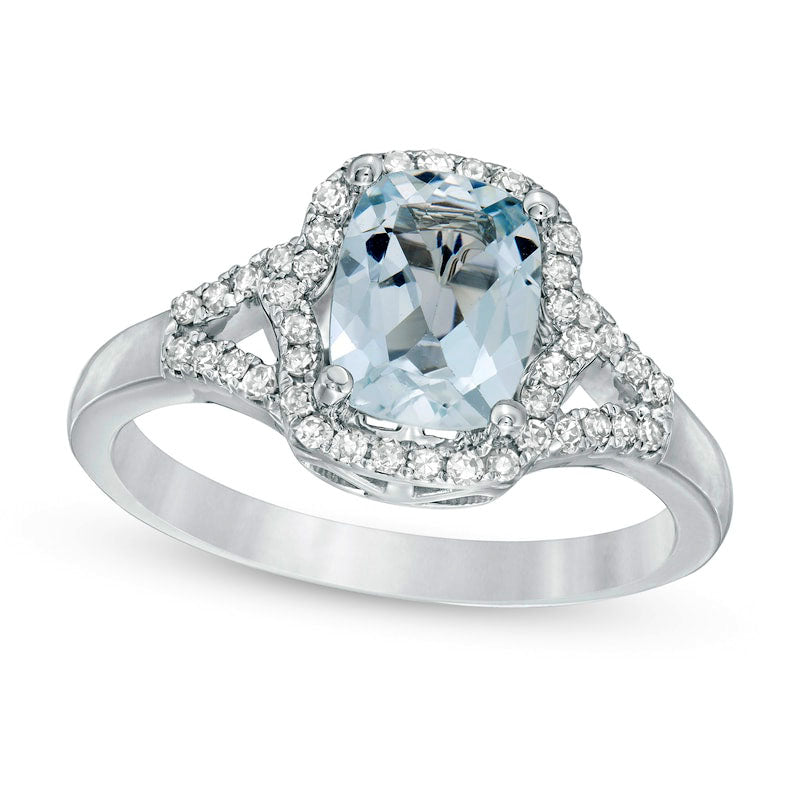 Elongated Cushion-Cut Aquamarine and 0.20 CT. T.W. Natural Diamond Frame Split Shank Ring in Solid 10K White Gold