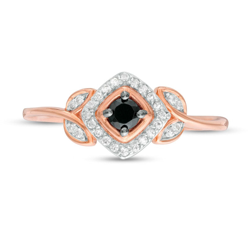 0.20 CT. T.W. Enhanced Black and White Natural Diamond Tilted Cushion Frame Leaf-Sides Promise Ring in Solid 10K Rose Gold