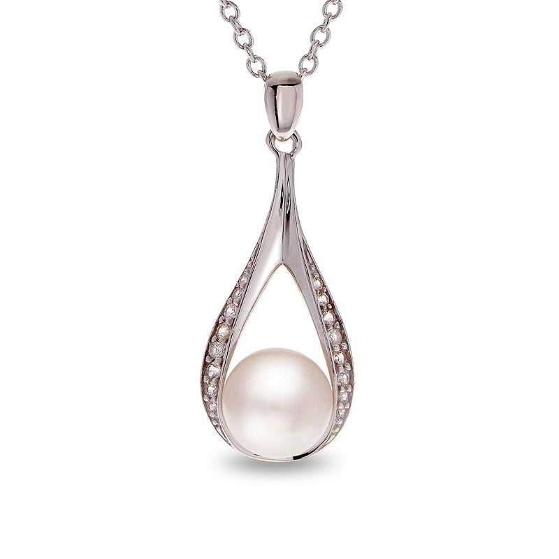 8.5-9.0mm Button Cultured Freshwater Pearl and White Topaz Teardrop Pendant in Sterling Silver - 20"