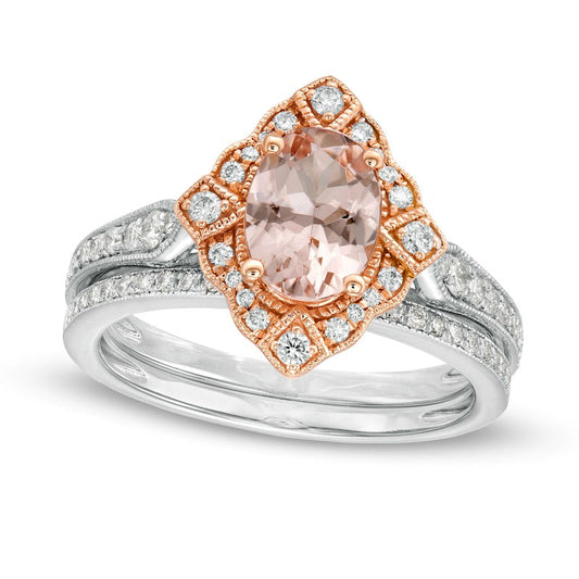 Oval Morganite and 0.33 CT. T.W. Natural Diamond Antique Vintage-Style Art Deco Bridal Engagement Ring Set in Solid 14K Two-Tone Gold