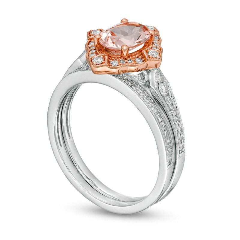 Oval Morganite and 0.33 CT. T.W. Natural Diamond Antique Vintage-Style Art Deco Bridal Engagement Ring Set in Solid 14K Two-Tone Gold