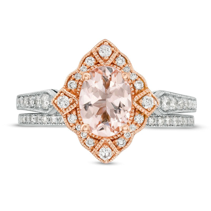 Oval Morganite and 0.33 CT. T.W. Natural Diamond Antique Vintage-Style Art Deco Bridal Engagement Ring Set in Solid 14K Two-Tone Gold