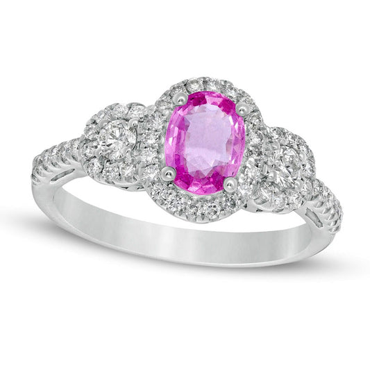 Oval Pink Sapphire and 0.38 CT. T.W. Natural Diamond Frame Three Stone Ring in Solid 14K White Gold