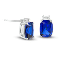 Cushion-Cut Lab-Created Blue and White Sapphire Stud Earrings in Sterling Silver