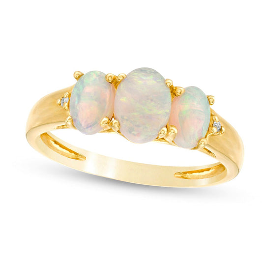 Oval Opal and Natural Diamond Accent Three Stone Ring in Solid 10K Yellow Gold