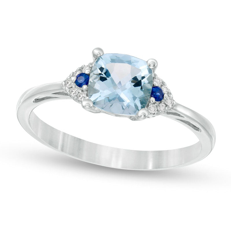 6.0mm Cushion-Cut Aquamarine, Blue Sapphire and Natural Diamond Accent Ring in Solid 14K White Gold