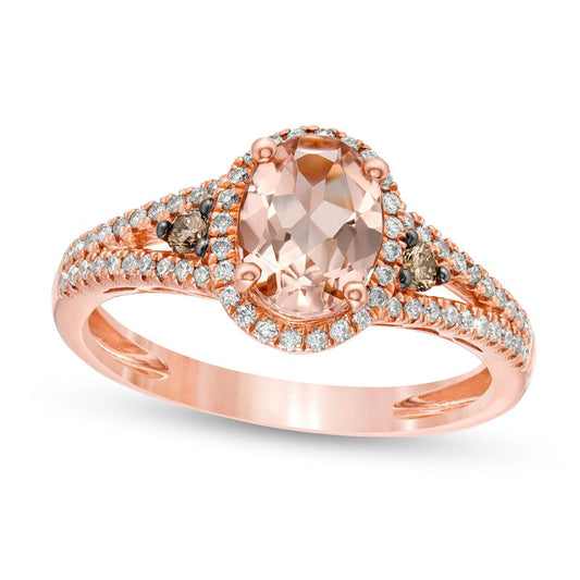 Oval Morganite and 0.25 CT. T.W. Champagne and White Natural Diamond Frame Split Shank Ring in Solid 14K Rose Gold