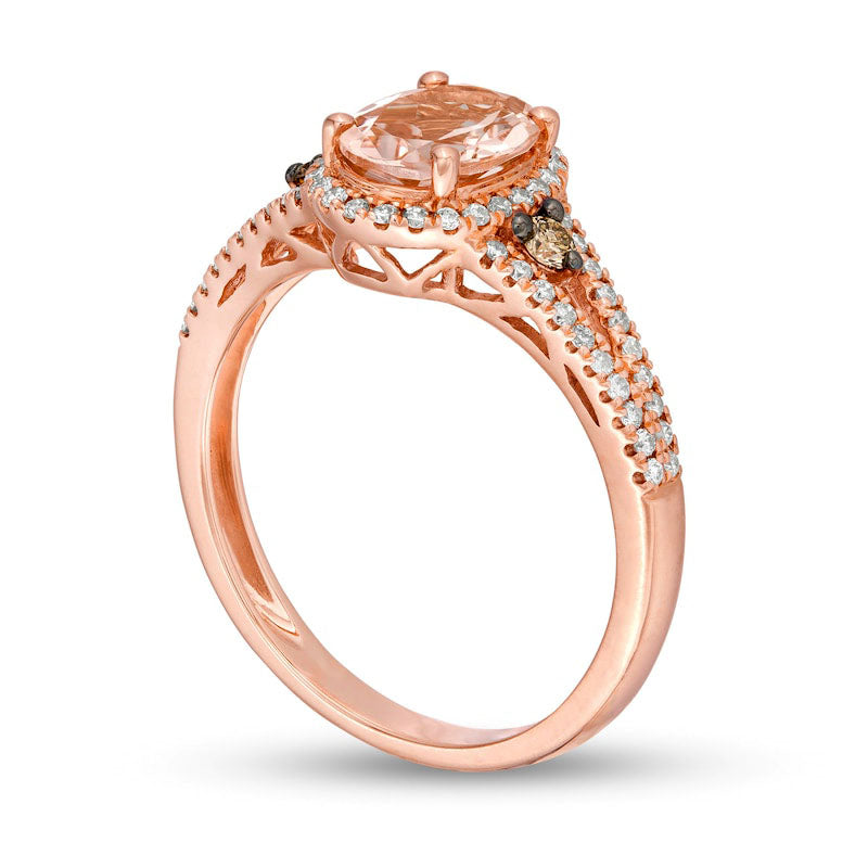 Oval Morganite and 0.25 CT. T.W. Champagne and White Natural Diamond Frame Split Shank Ring in Solid 14K Rose Gold