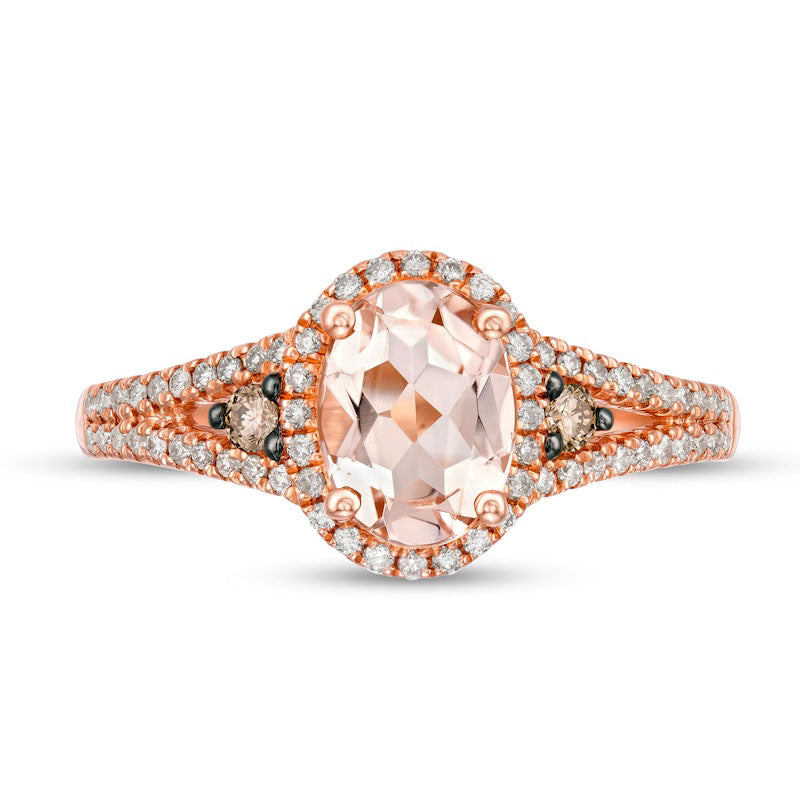 Oval Morganite and 0.25 CT. T.W. Champagne and White Natural Diamond Frame Split Shank Ring in Solid 14K Rose Gold