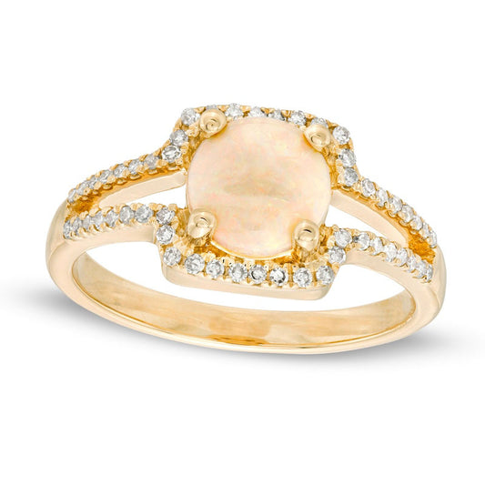 Opal and 0.20 CT. T.W. Natural Diamond Cushion Frame Split Shank Ring in Solid 10K Yellow Gold