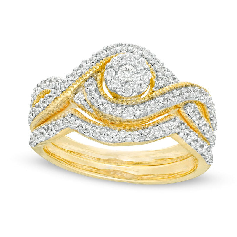 0.63 CT. T.W. Natural Diamond Frame Bypass Antique Vintage-Style Bridal Engagement Ring Set in Solid 10K Yellow Gold