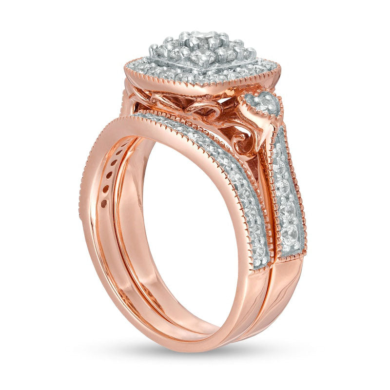 1.0 CT. T.W. Composite Natural Diamond Cushion Frame Heart-Sides Antique Vintage-Style Bridal Engagement Ring Set in Solid 10K Rose Gold