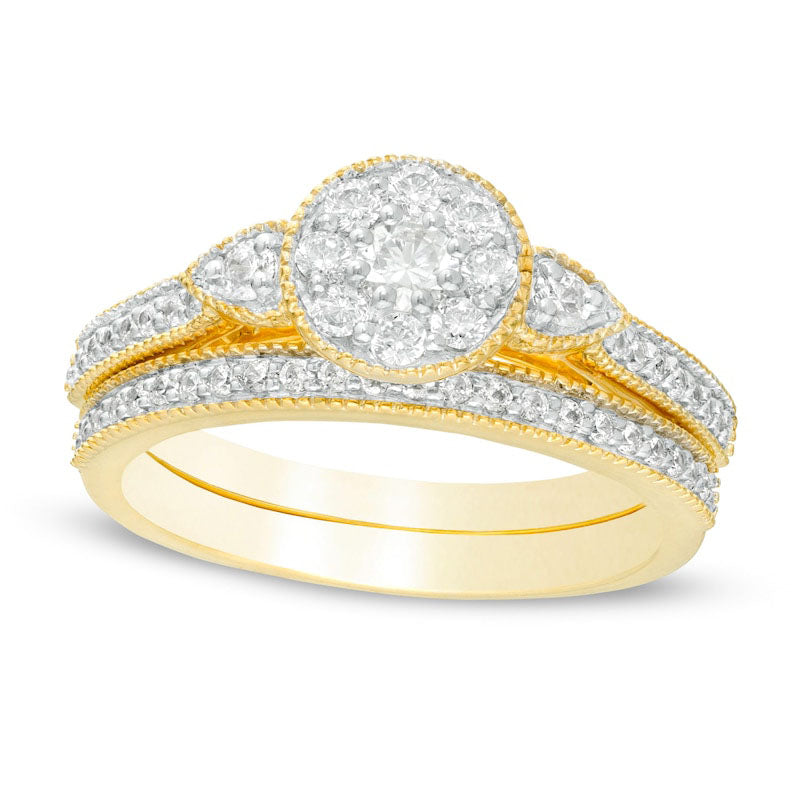 0.63 CT. T.W. Natural Diamond Frame Petal-Sides Antique Vintage-Style Bridal Engagement Ring Set in Solid 10K Yellow Gold