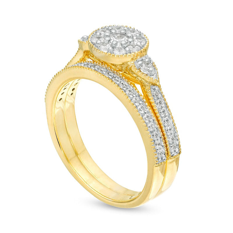 0.63 CT. T.W. Natural Diamond Frame Petal-Sides Antique Vintage-Style Bridal Engagement Ring Set in Solid 10K Yellow Gold