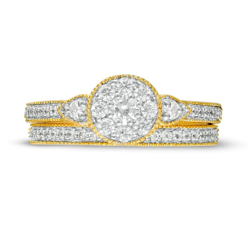 0.63 CT. T.W. Natural Diamond Frame Petal-Sides Antique Vintage-Style Bridal Engagement Ring Set in Solid 10K Yellow Gold