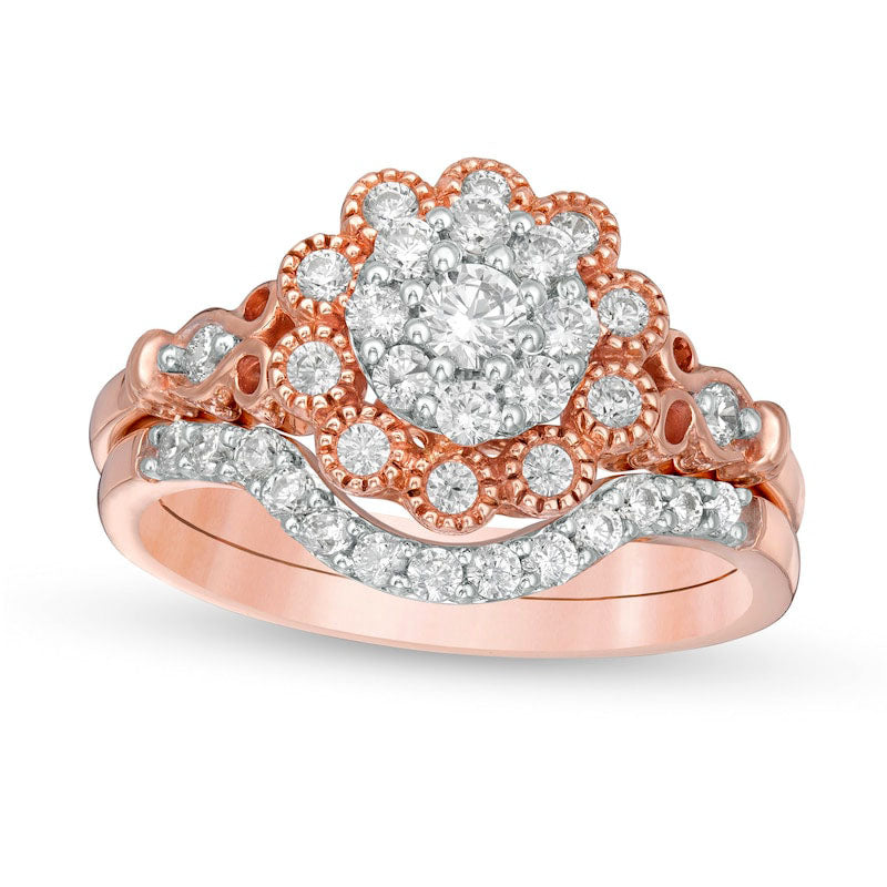 0.63 CT. T.W. Composite Natural Diamond Scallop Frame Antique Vintage-Style Bridal Engagement Ring Set in Solid 10K Rose Gold