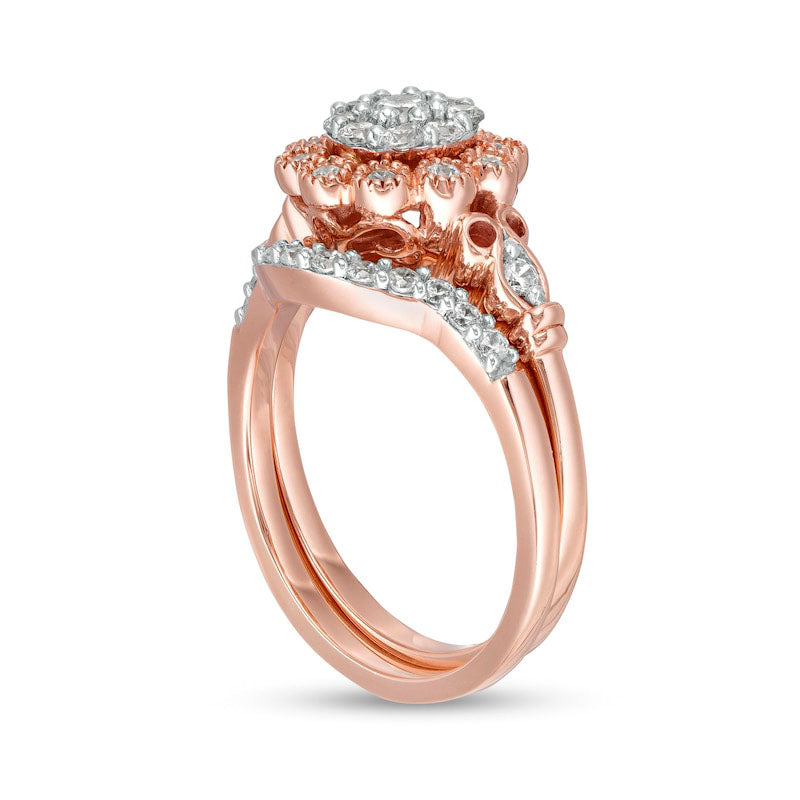 0.63 CT. T.W. Composite Natural Diamond Scallop Frame Antique Vintage-Style Bridal Engagement Ring Set in Solid 10K Rose Gold