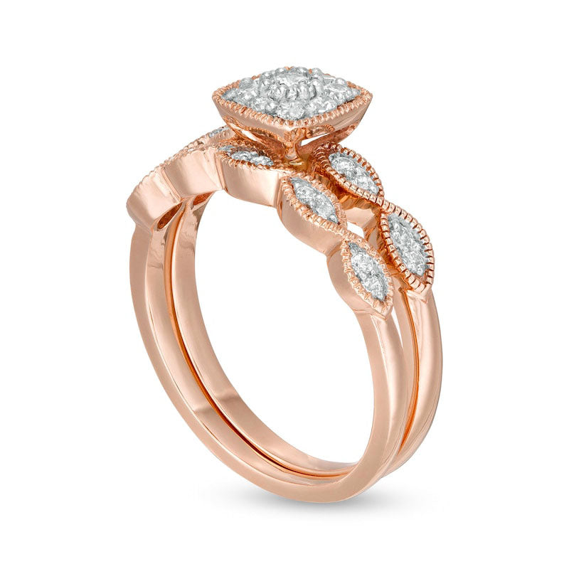 0.38 CT. T.W. Natural Diamond Cushion Frame Marquise Twist Antique Vintage-Style Bridal Engagement Ring Set in Solid 10K Rose Gold