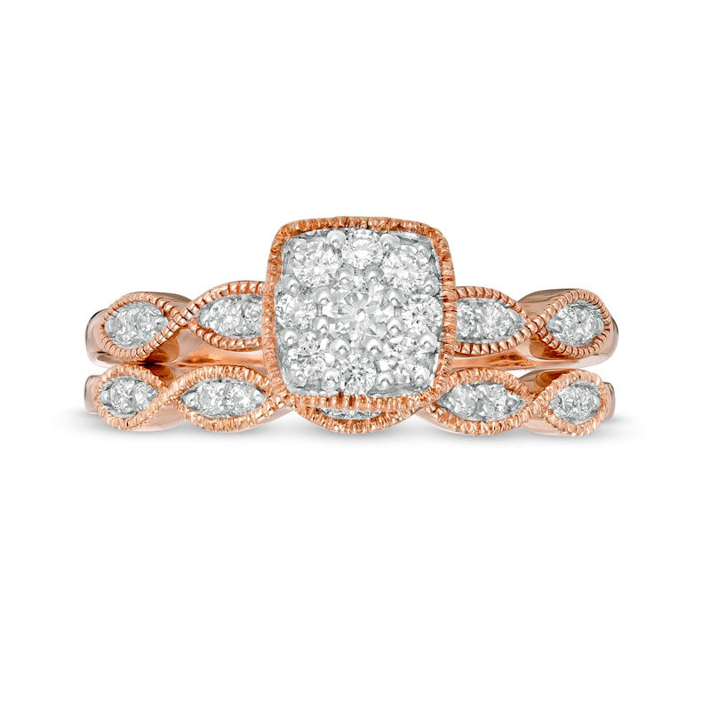 0.38 CT. T.W. Natural Diamond Cushion Frame Marquise Twist Antique Vintage-Style Bridal Engagement Ring Set in Solid 10K Rose Gold