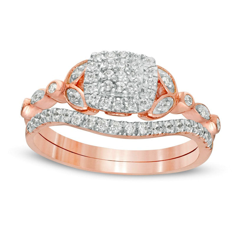 0.33 CT. T.W. Composite Natural Diamond Cushion Frame Art Deco Bridal Engagement Ring Set in Solid 10K Rose Gold