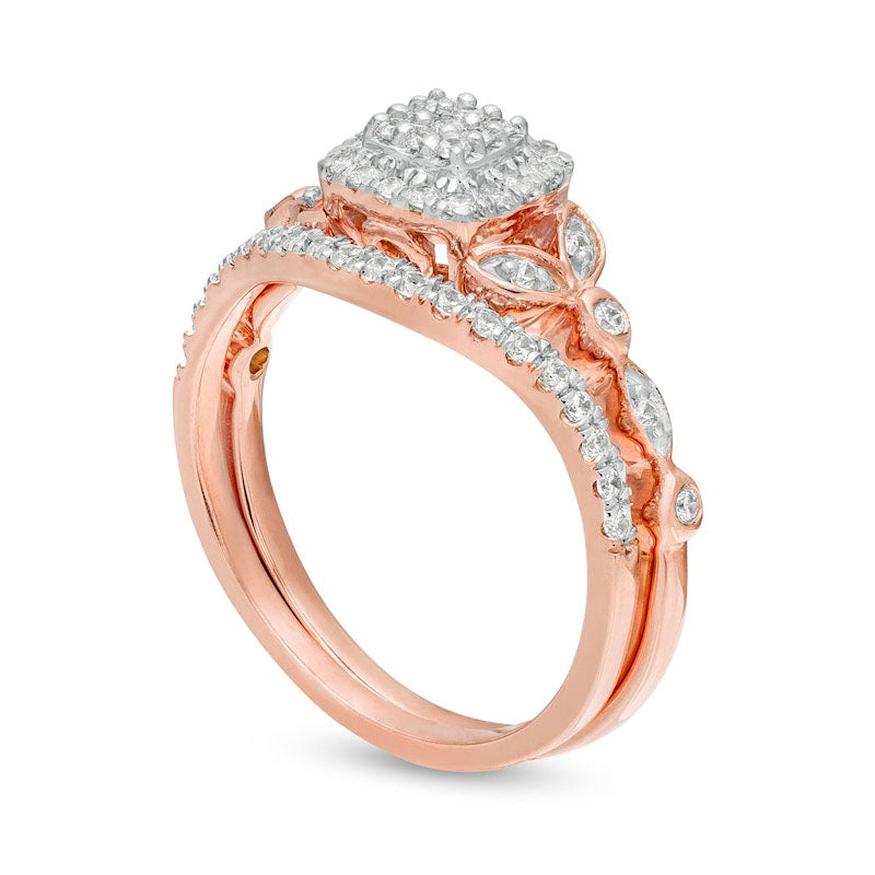 0.33 CT. T.W. Composite Natural Diamond Cushion Frame Art Deco Bridal Engagement Ring Set in Solid 10K Rose Gold