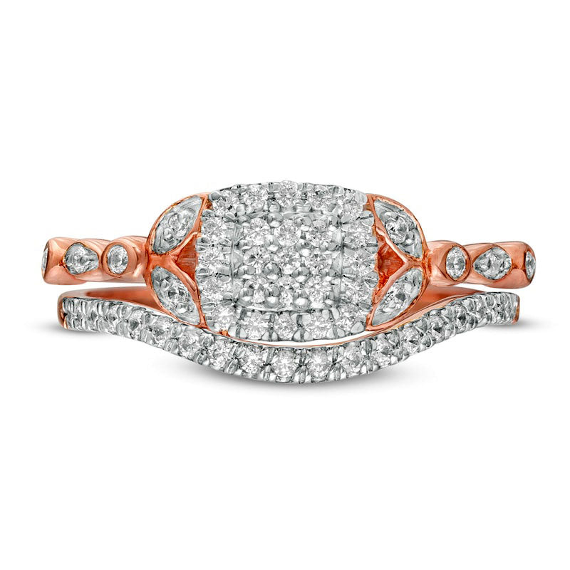 0.33 CT. T.W. Composite Natural Diamond Cushion Frame Art Deco Bridal Engagement Ring Set in Solid 10K Rose Gold