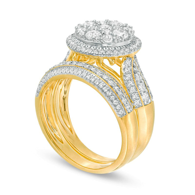 1.5 CT. T.W. Composite Natural Diamond Frame Multi-Row Bridal Engagement Ring Set in Solid 10K Yellow Gold