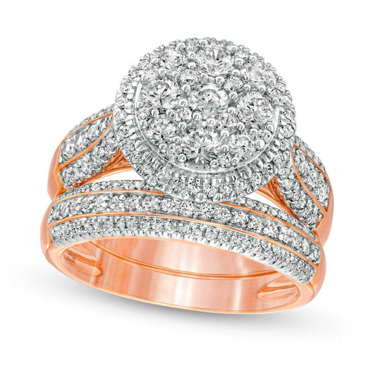 1.5 CT. T.W. Composite Natural Diamond Frame Multi-Row Bridal Engagement Ring Set in Solid 10K Rose Gold