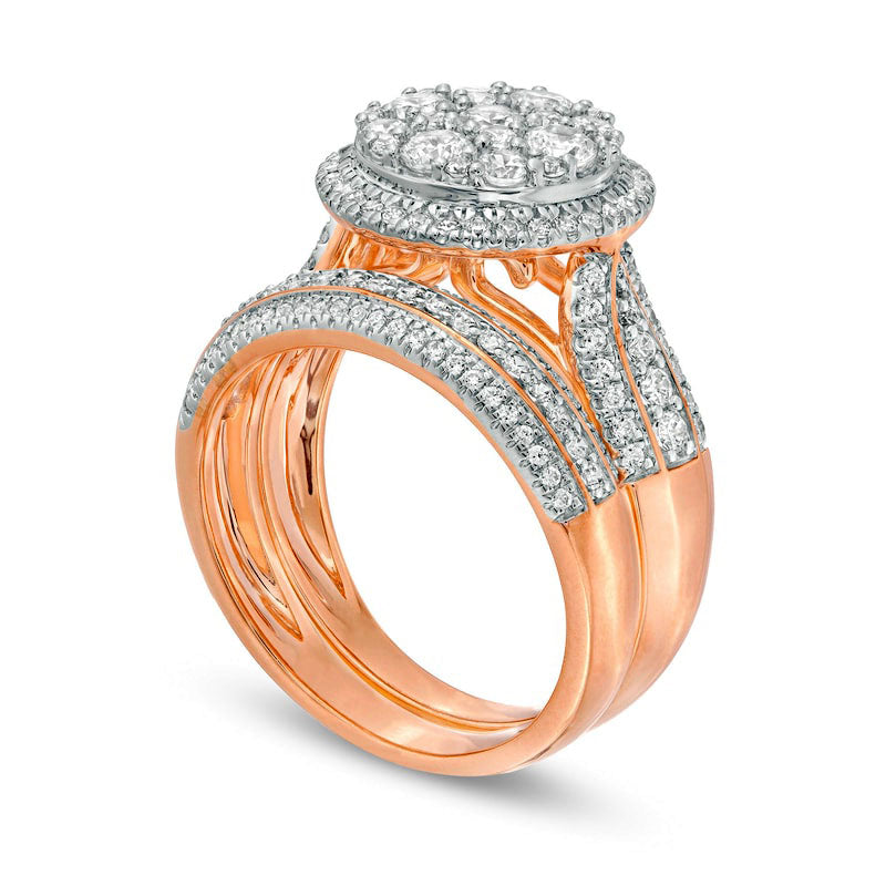 1.5 CT. T.W. Composite Natural Diamond Frame Multi-Row Bridal Engagement Ring Set in Solid 10K Rose Gold