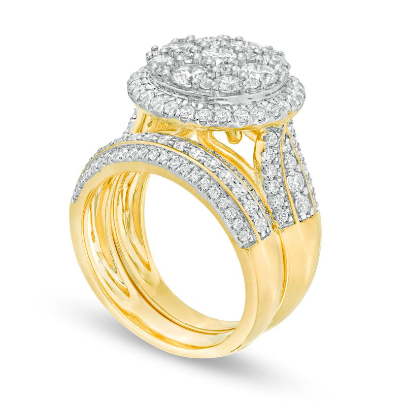 2.5 CT. T.W. Composite Natural Diamond Frame Multi-Row Bridal Engagement Ring Set in Solid 10K Yellow Gold