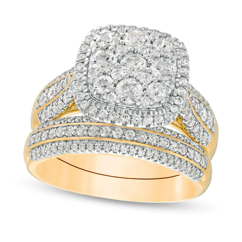 1.5 CT. T.W. Composite Natural Diamond Cushion Frame Multi-Row Bridal Engagement Ring Set in Solid 10K Yellow Gold