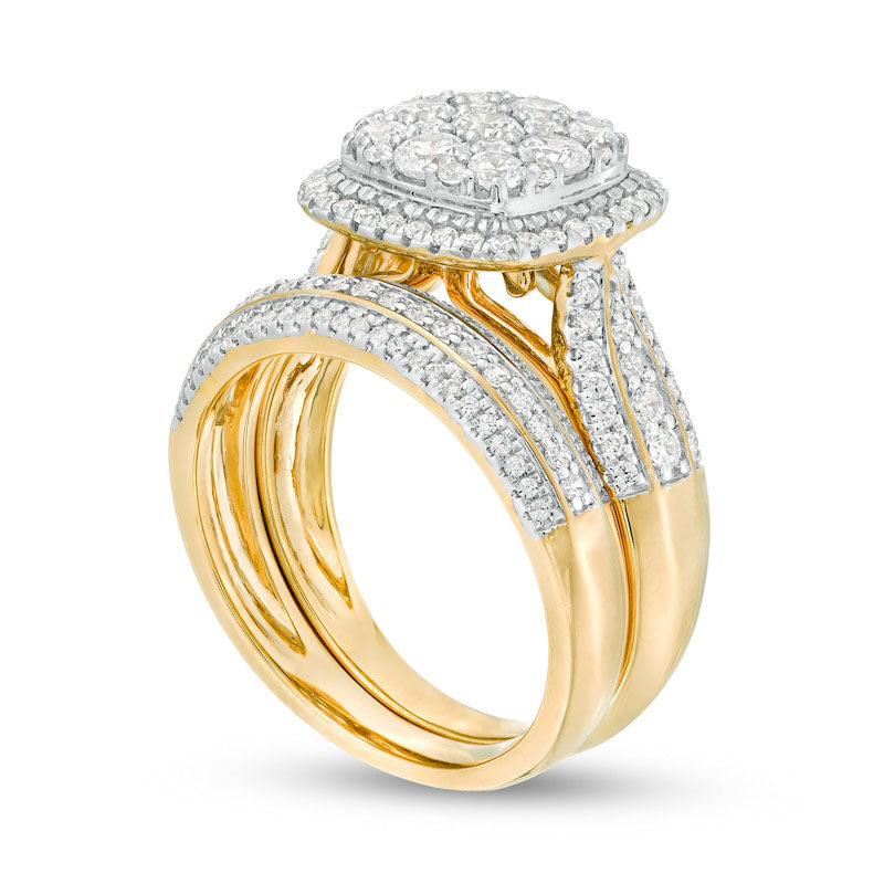 1.5 CT. T.W. Composite Natural Diamond Cushion Frame Multi-Row Bridal Engagement Ring Set in Solid 10K Yellow Gold