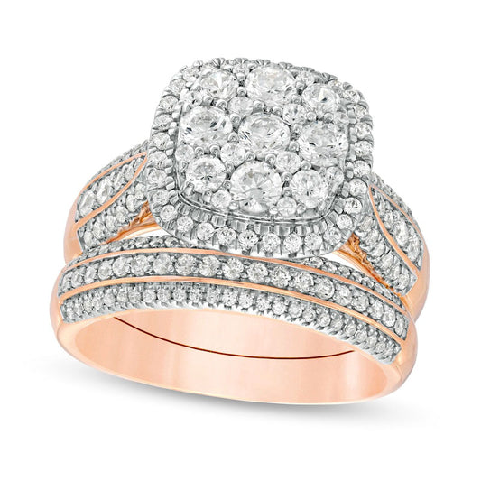 1.5 CT. T.W. Composite Natural Diamond Cushion Frame Multi-Row Bridal Engagement Ring Set in Solid 10K Rose Gold