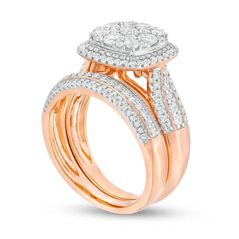 1.5 CT. T.W. Composite Natural Diamond Cushion Frame Multi-Row Bridal Engagement Ring Set in Solid 10K Rose Gold