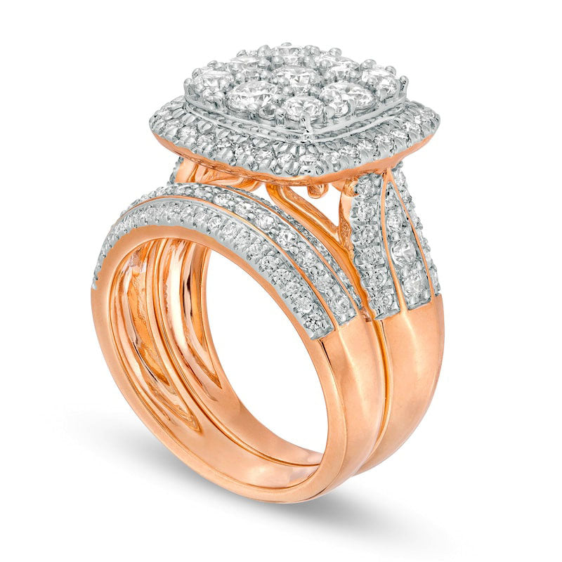 2.5 CT. T.W. Composite Natural Diamond Cushion Frame Multi-Row Bridal Engagement Ring Set in Solid 10K Rose Gold