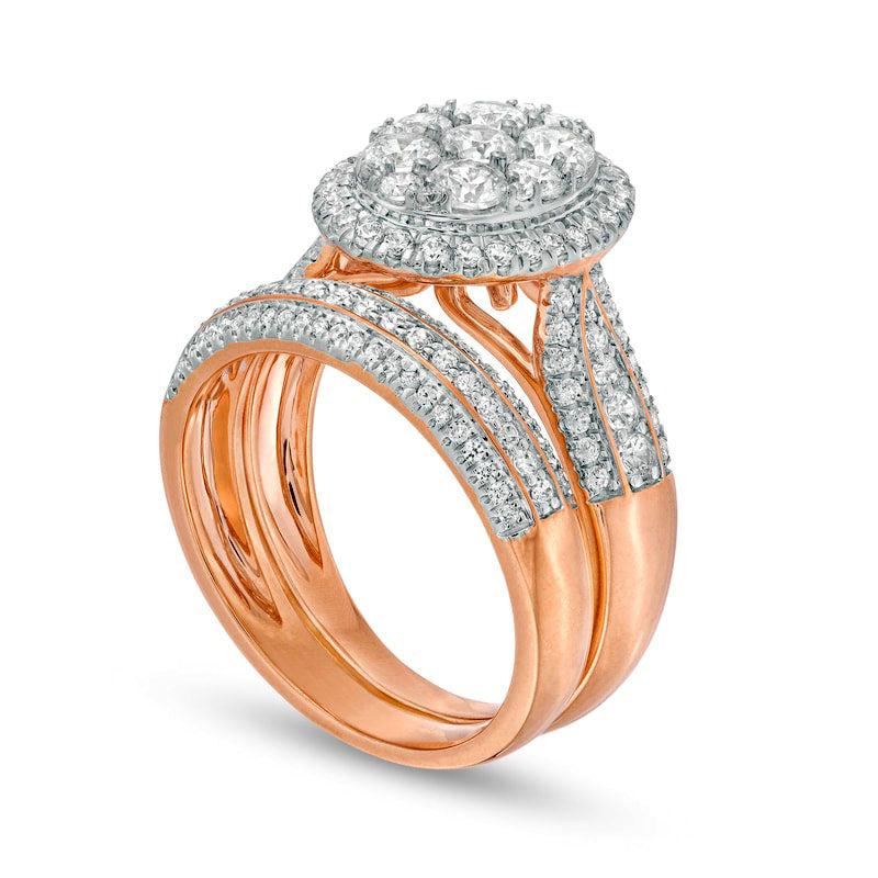 1.5 CT. T.W. Composite Natural Diamond Oval Frame Multi-Row Bridal Engagement Ring Set in Solid 10K Rose Gold