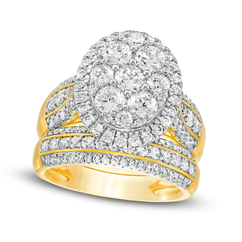 2.5 CT. T.W. Composite Natural Diamond Oval Frame Multi-Row Bridal Engagement Ring Set in Solid 10K Yellow Gold