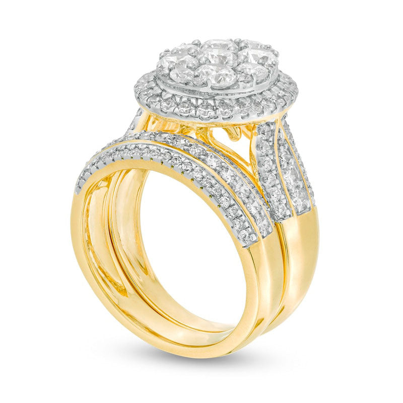 2.5 CT. T.W. Composite Natural Diamond Oval Frame Multi-Row Bridal Engagement Ring Set in Solid 10K Yellow Gold