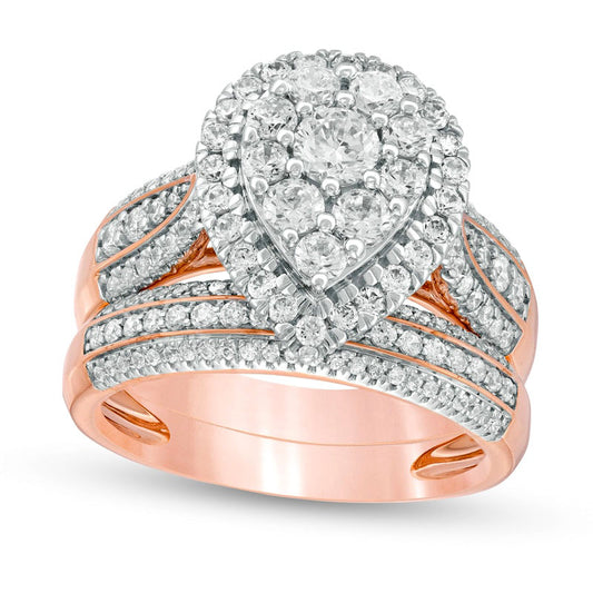 1.5 CT. T.W. Composite Natural Diamond Pear-Shaped Frame Multi-Row Bridal Engagement Ring Set in Solid 10K Rose Gold