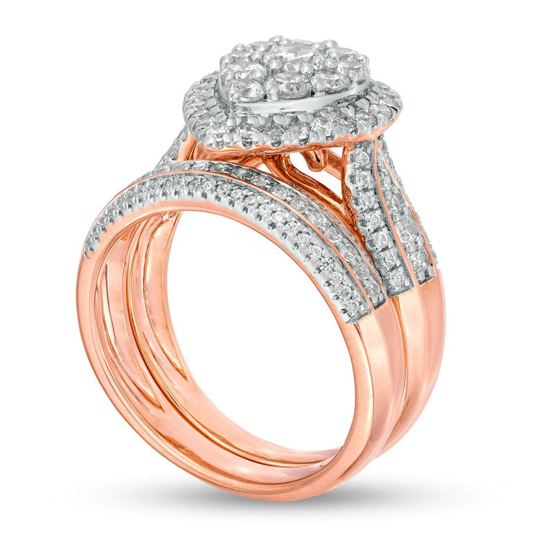 1.5 CT. T.W. Composite Natural Diamond Pear-Shaped Frame Multi-Row Bridal Engagement Ring Set in Solid 10K Rose Gold