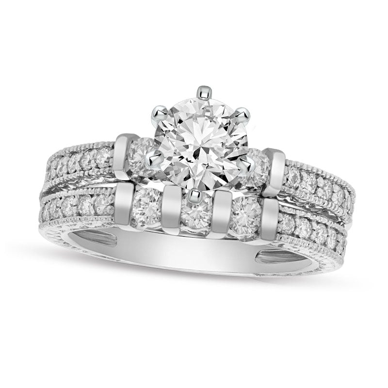 1.13 CT. T.W. Natural Diamond Three Stone Antique Vintage-Style Bridal Engagement Ring Set in Solid 14K White Gold