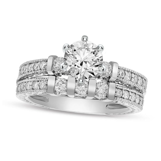 1.13 CT. T.W. Natural Diamond Three Stone Antique Vintage-Style Bridal Engagement Ring Set in Solid 14K White Gold