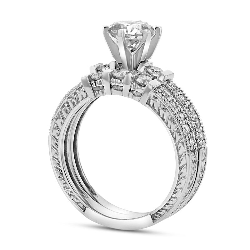 1.13 CT. T.W. Natural Diamond Three Stone Antique Vintage-Style Bridal Engagement Ring Set in Solid 14K White Gold