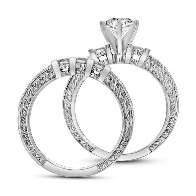 1.13 CT. T.W. Natural Diamond Three Stone Antique Vintage-Style Bridal Engagement Ring Set in Solid 14K White Gold