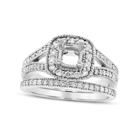 0.63 CT. T.W. Natural Diamond Cushion Frame Semi-Mount Bridal Engagement Ring Set in Solid 14K White Gold (I/SI2)