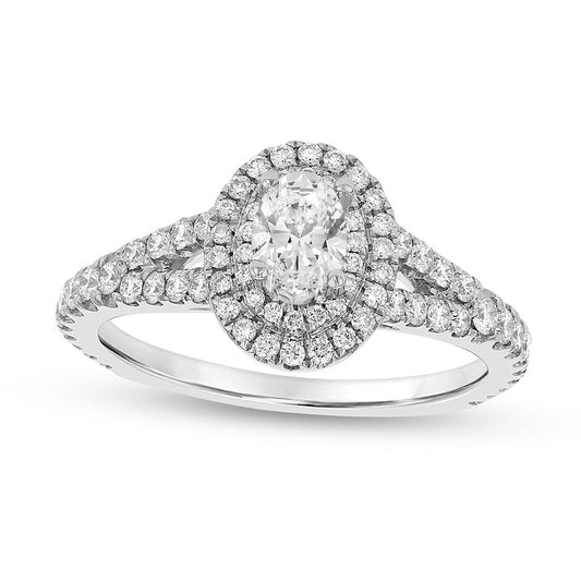 0.88 CT. T.W. Oval Natural Diamond Double Frame Split Shank Engagement Ring in Solid 18K White Gold (G/SI2)