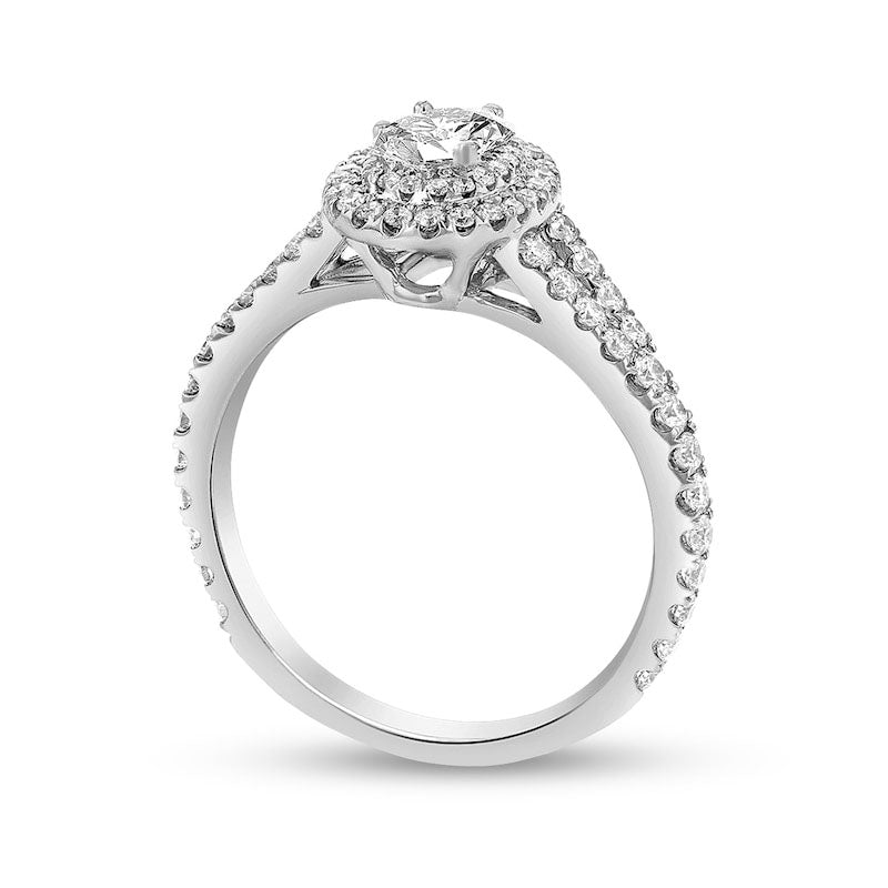 0.88 CT. T.W. Oval Natural Diamond Double Frame Split Shank Engagement Ring in Solid 18K White Gold (G/SI2)