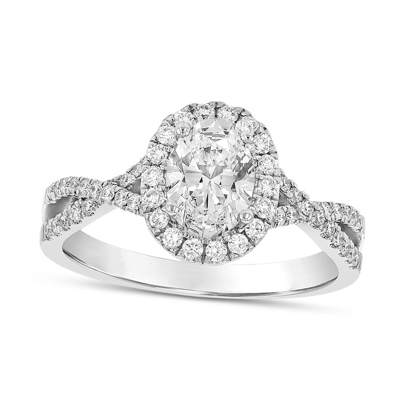 1.0 CT. T.W. Oval Natural Diamond Frame Twist Shank Engagement Ring in Solid 18K White Gold (G/SI2)